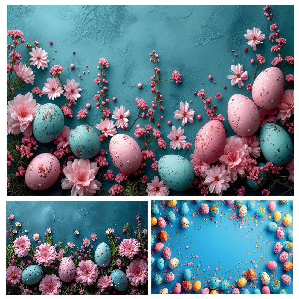 

Spring Easter Newborn Portrait Photography Backdrop Vintage Blue Wall Flower Colorful Eggs Birthday Party Photo Background Decor