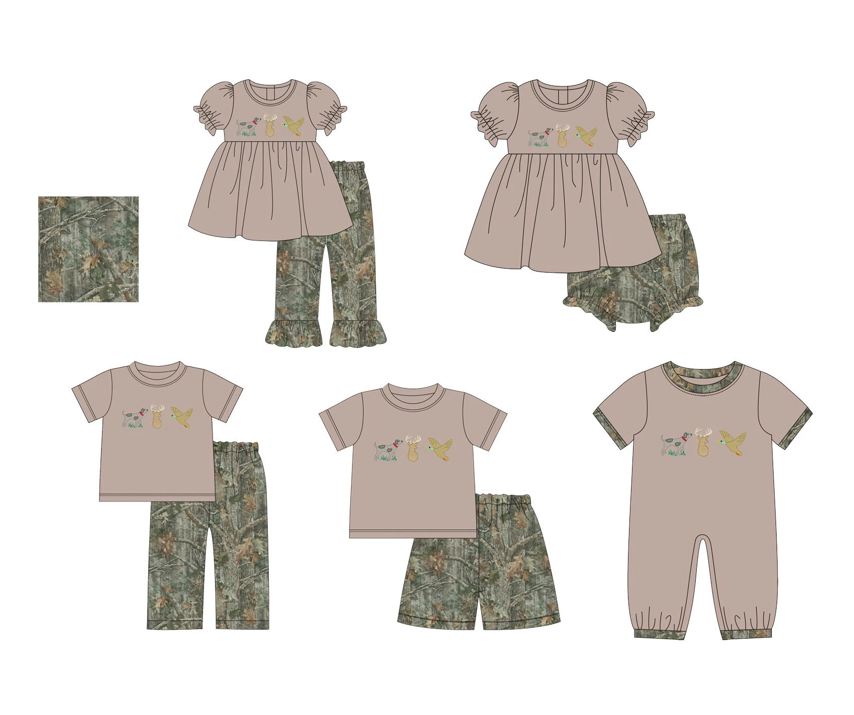 Children's clothing wholesale Tree branch fabric Puppy Deer Mallard Duck Print Short Sleeve Long Pants Set Romper Baby Sets