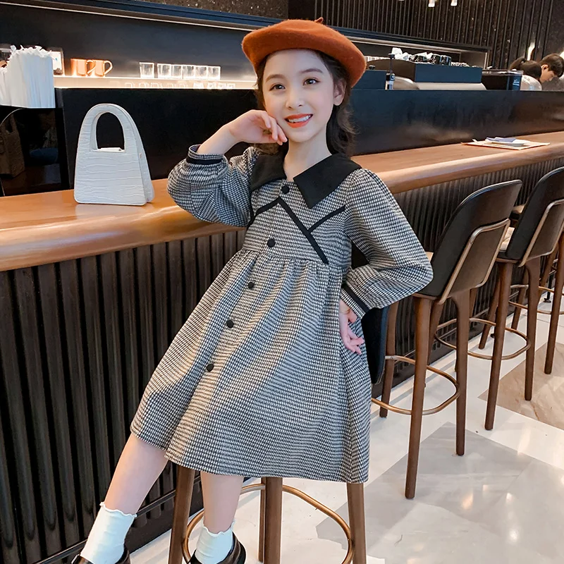 

Girls New Suit Dress Spring Grey Plaid Kids Vestido Princess Knee Length Dressing Skirt Children Outfit Clothing for 2022