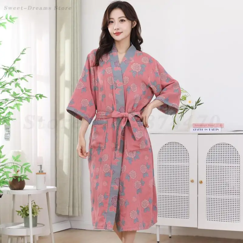 Cotton Gauze Bathrobe Kimono Gown Print Flower Sleepwear Home Wear Breathable Comfortable Robe Loungewear Loose Casual Nightgown 4