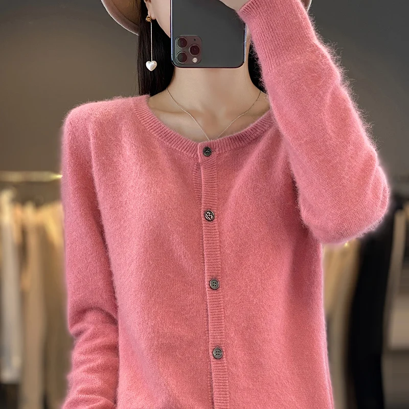 Women's O-Neck 100% Mink Cashmere Cardigan Autumn New Knitted Coat Short Tops Casual Large Size Female Jacket Warm Base Shirts