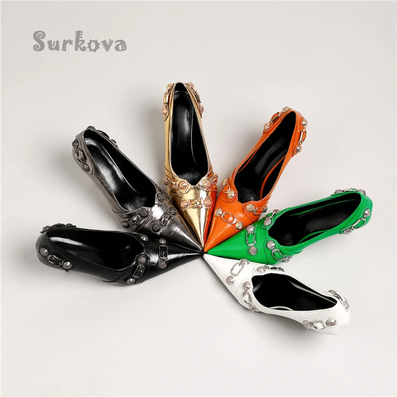 

Metal Decoration Rivet Studded Pumps Shallow Sexy Pointed Toe High Heel Stilettos Sandals Gold Orange Slip-On Banquet Club Shoes