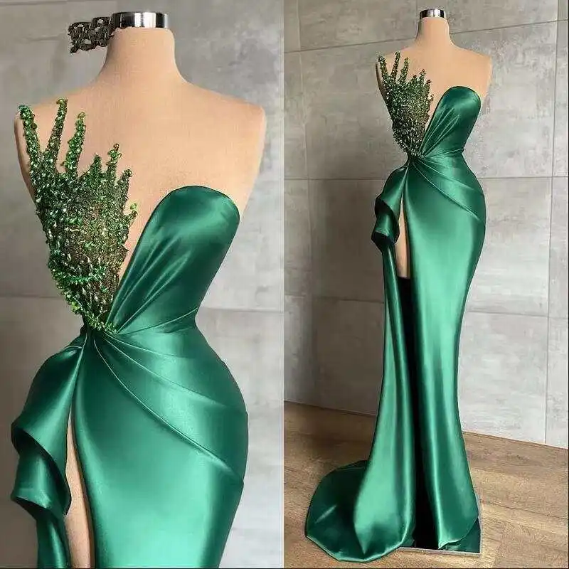 Luxe Zeemeermin Avondjurk Pailletten Crystal Strapless Mouwloze Prom Jurken Ruches Hoge Split Satijn Formele Jurken Op Maat Gemaakt