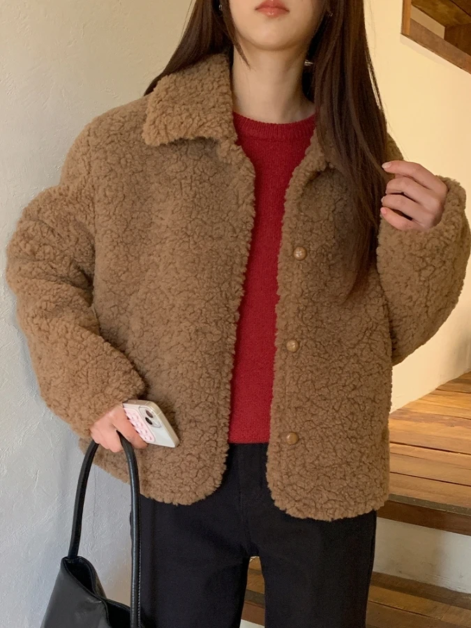 Coreano sle inverno faion anti-envelhecimento lapela único botão pele de cordeiro ort jaet feminino topo fibra de poliéster casual wear