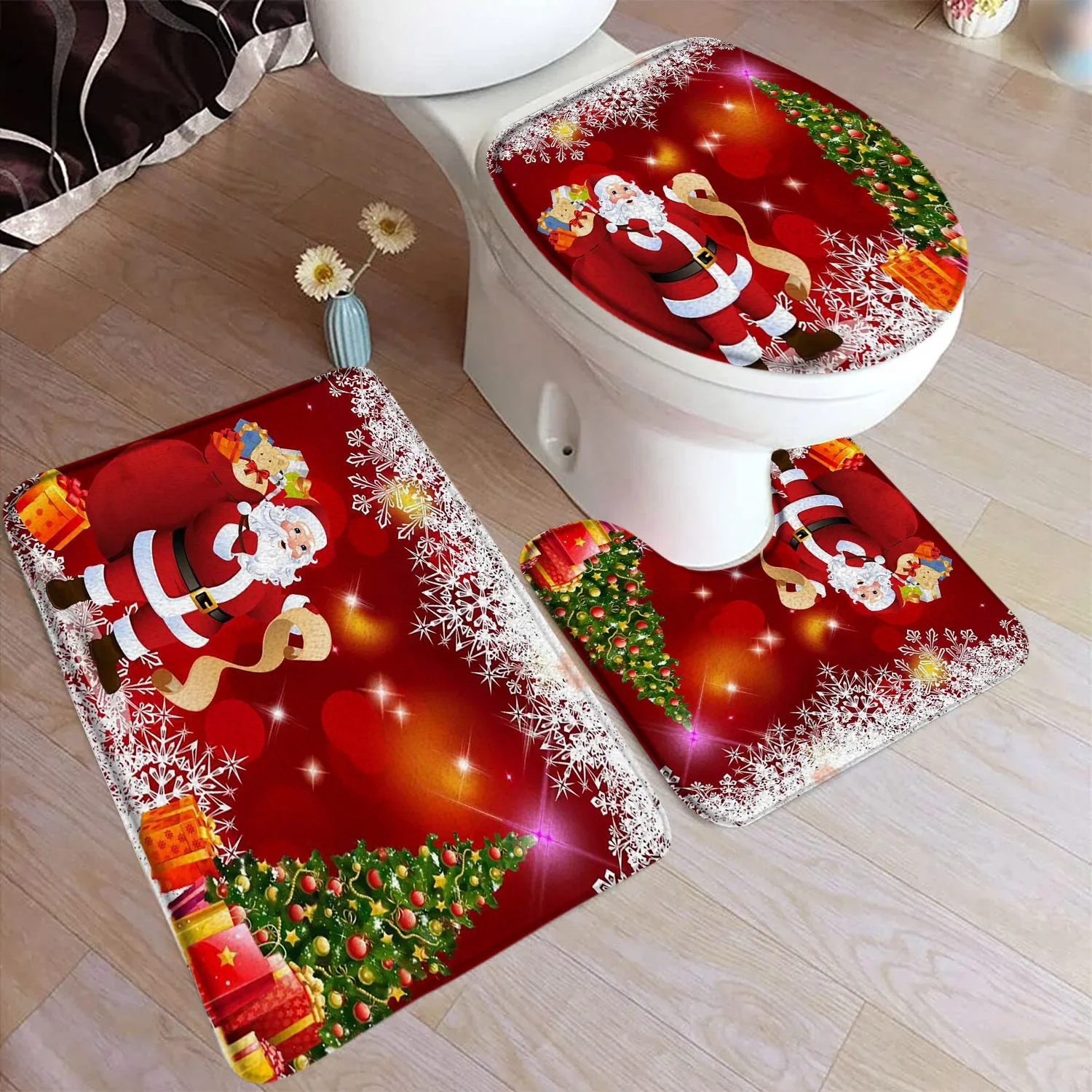 Red Christmas Bath Mat Set Santa Claus Gift Xmas Tree White Snowflake New Year Home Bathroom Decor Non Slip Rug Toilet Lid Cover