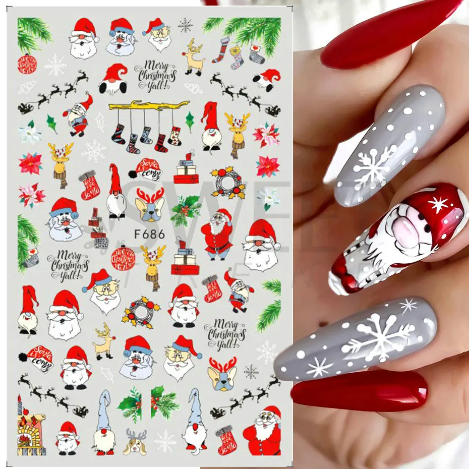 3D-Weihnachts-Nagelkunst-Aufkleber, roter Weihnachtsmann, Schneeflocke, Elch, Pinguin, Stechpalme, 2022, Winter-Aufkleber, Schieber, Neujahr, Maniküre, Dekoration, BEF 889