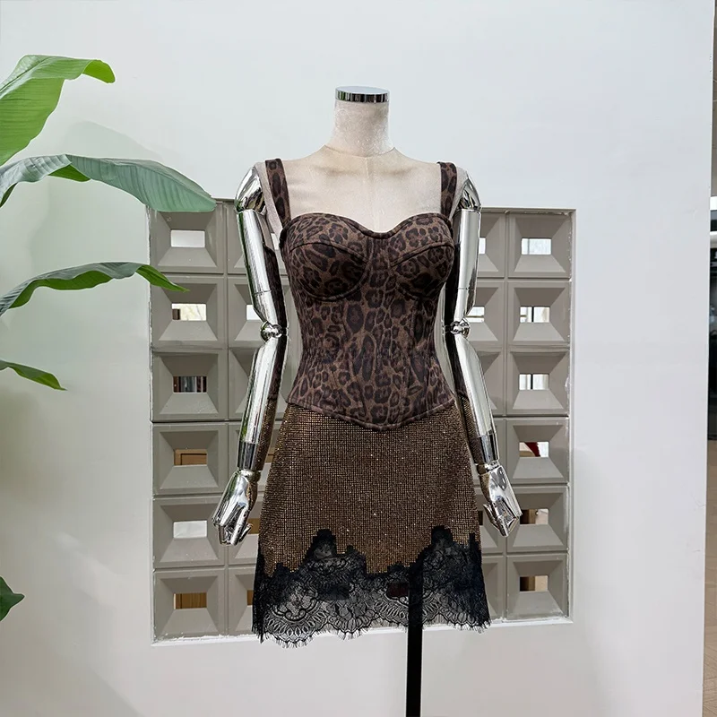 

New 2026 Sexy Leopard Print Fibone Bodysuit with Lace High Waist f Skirt Unique Lady Sle Zipper Closure Faion Set