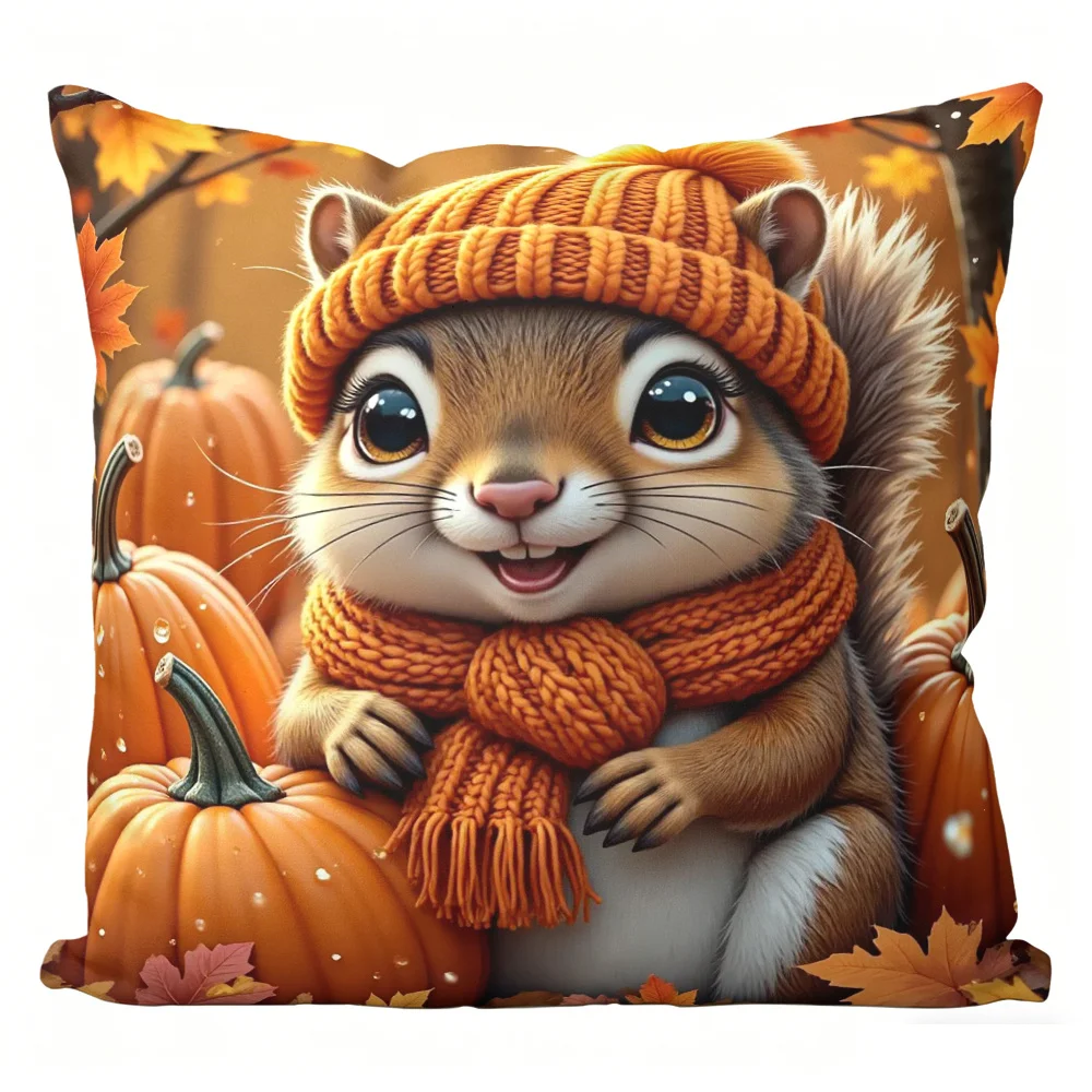 Cute Autumn Squirrel Pumpkin Fall Season Throw Pillow Cushion Decorative Home Accent Pillow for Fall Decor