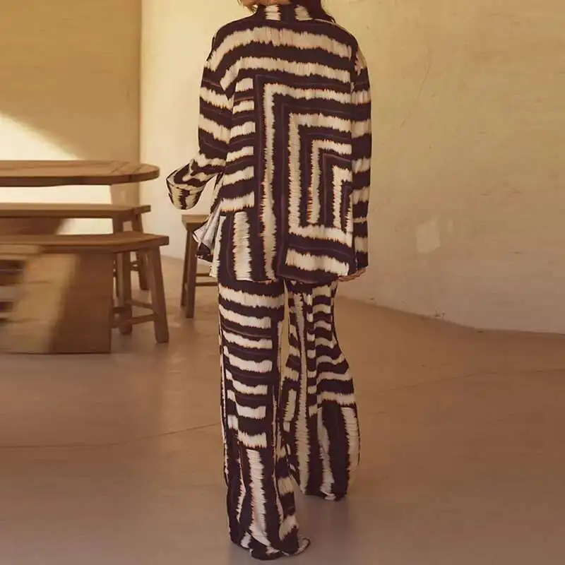 Frühling Herbst Revers Tasten Hemd Elastische Taille Lange Hosen Outfit Weibliche Mode Anzug Casual Gestreiften High Street Hosen Sets