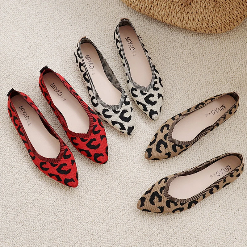 Women Flat Shoes Spring Summer Breathable Knit Leopard Print Soft Sole Girl Slip-on Casual Shoes OL Fashion Loafers