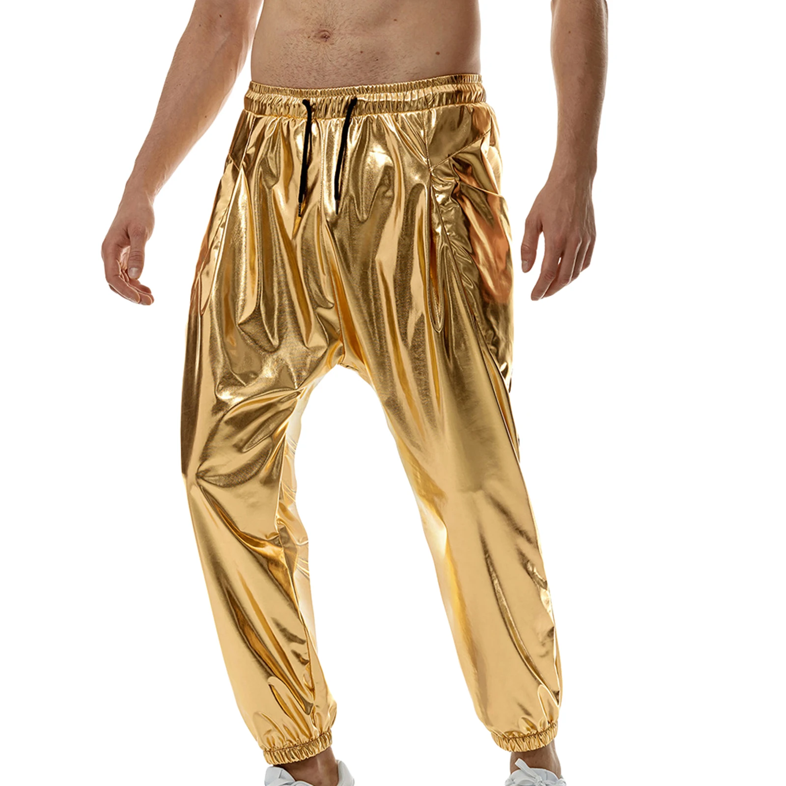 Men's Metallic Joggers Shiny Drawstring Elastic Waist Solid Color Athletic Workout Pants Sweatpants