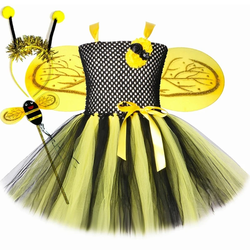 Honey Bumble Bee Costume for Girls Fancy Bumblebee Dress Up Clothes Toddler Baby Kids Halloween Carnival Party Tutu Dress Outfit