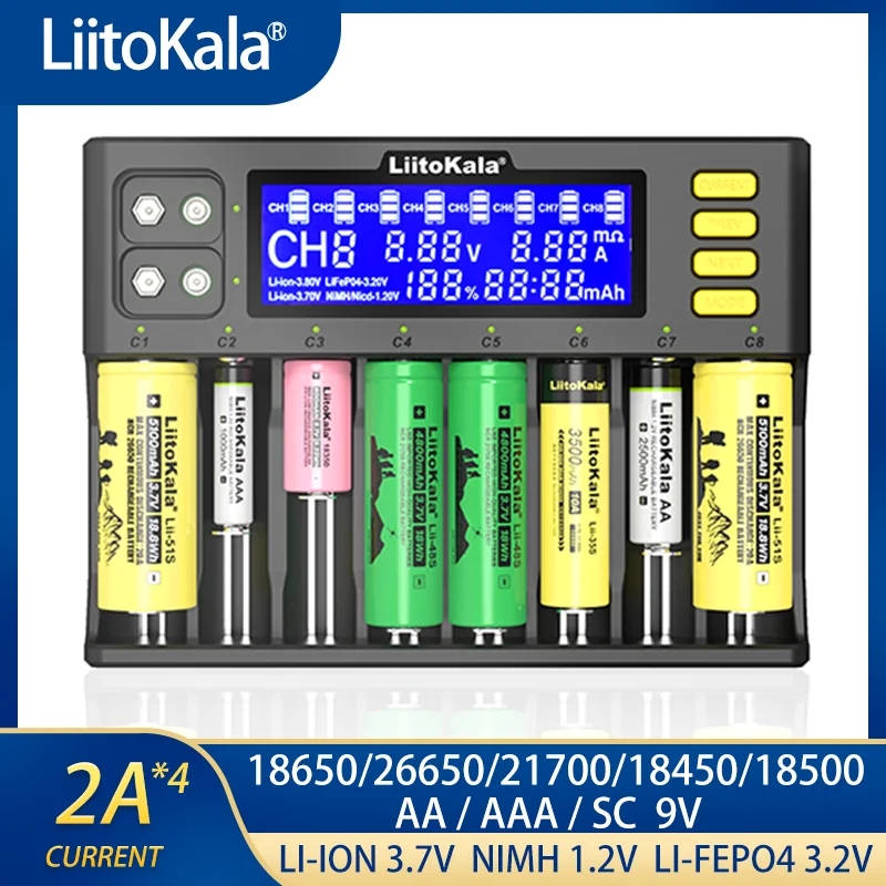 

LiitoKala Lii-S8 Li-ion 3.7V Ni-MH 1.2V Li-FePO4 3.2V IMR 3.8V For 18650 26650 21700 26700 18350 AA AAA Battery Charger