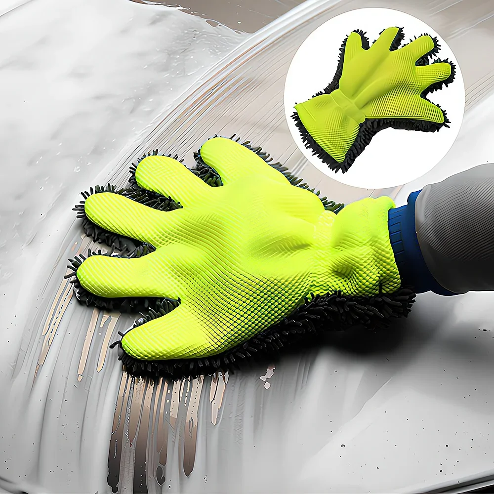 1X Delicate Care Hand Protection Velvet Car Wash Five-finger Gloves Thickened Both Sides Without Damaging Paint Clean Green-gray