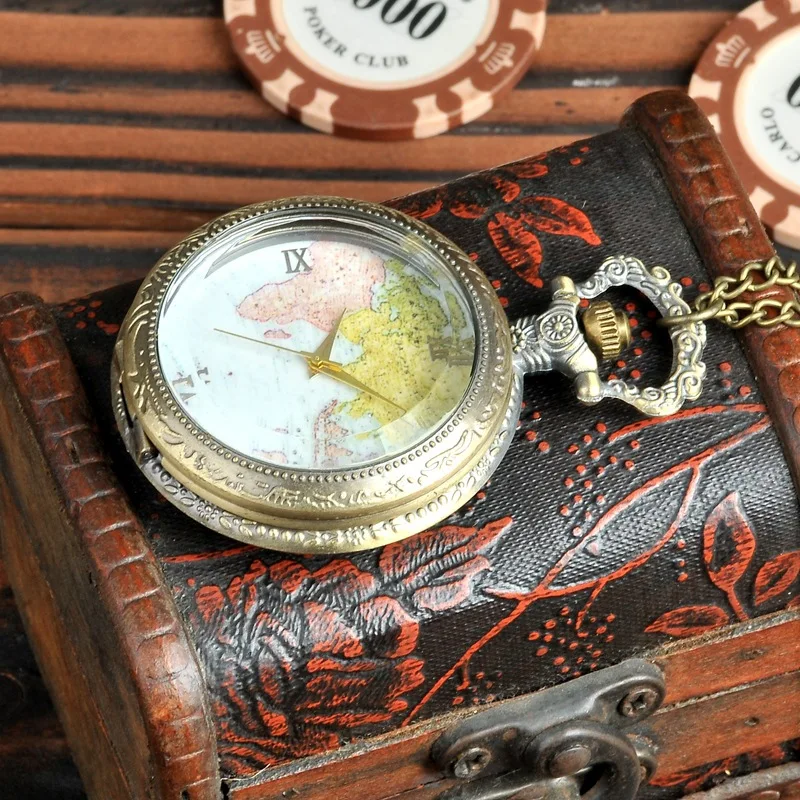 Vintage Bronze World Map Transparent Glass Pocket Watch Fashion Good Quality Quartz Watch Necklace