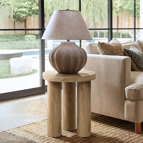 Round Side Table, 19 Tall End Table with 3 Pillar Legs, Modern Farmhouse Dark Oak Finish Wooden Couch Side Tables, Acc