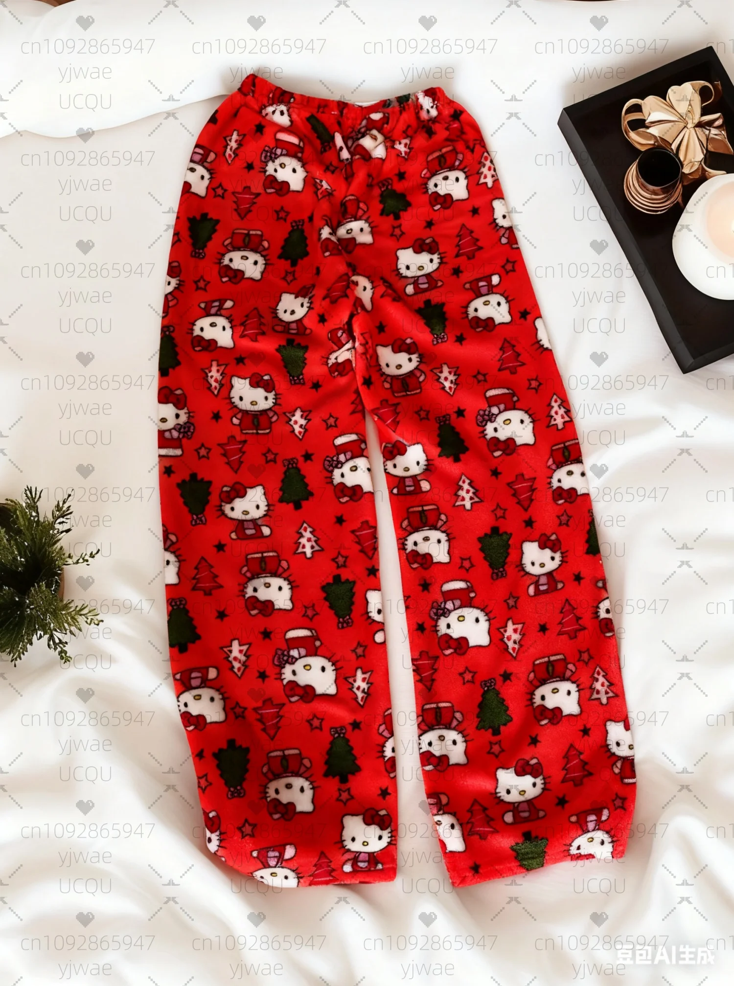 2025 inverno calças de pijama feminino olá kitty árvore de natal calças de pelúcia-solto cor bloqueando calças de pijama roupas femininas