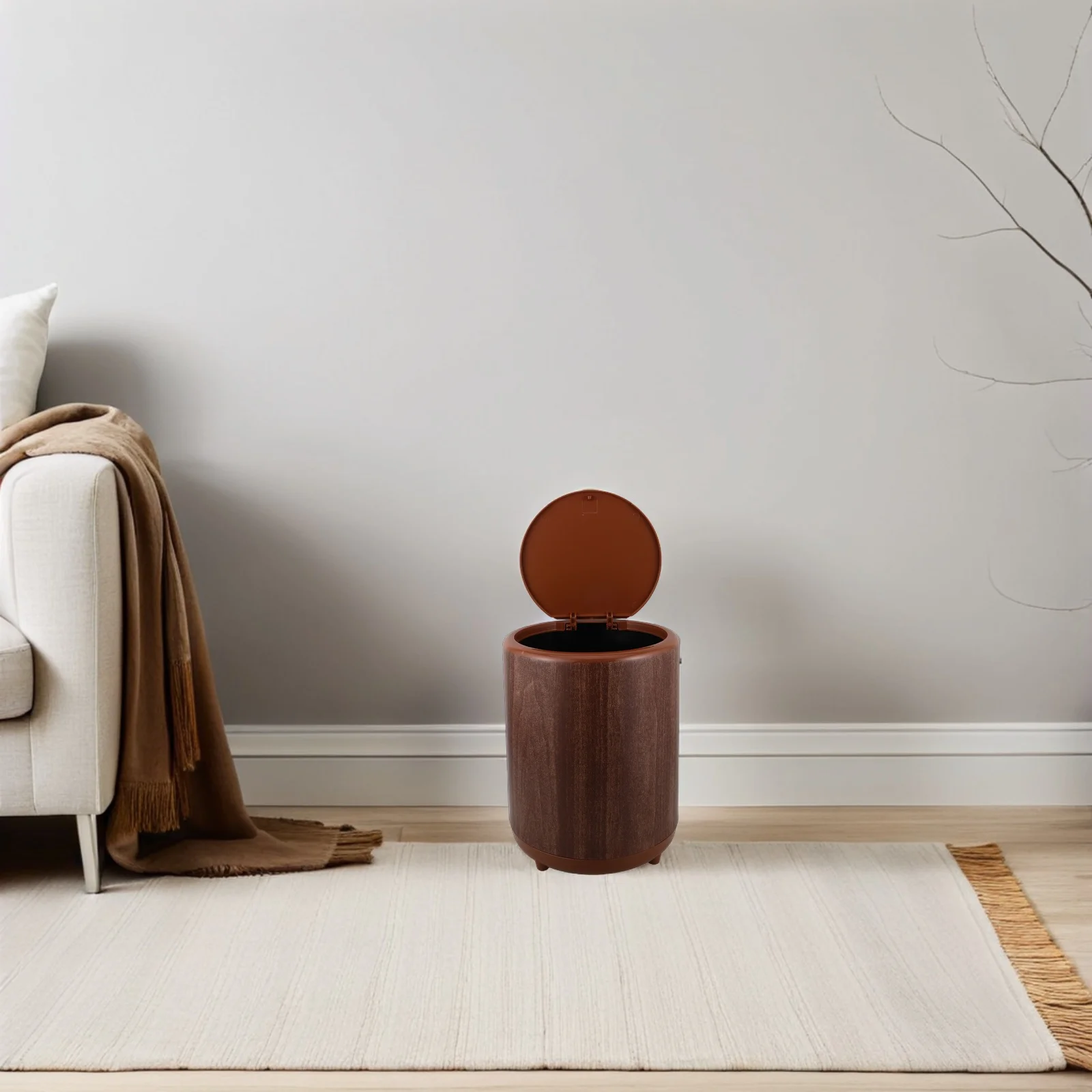 

12L Wood Grain Covered Trash Can Slim Design For Bathroom Kitchen Office Home Hotel Floor Garbage Bin Lidded Waste Container