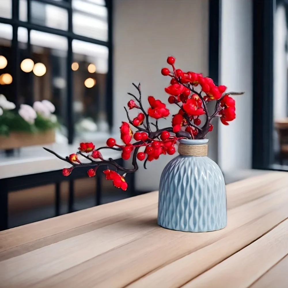 

1set Rustic Plastic Red Berry Branch Arrangement In Textured Vase, Decor Accent For Entryway, Living Room, Dining & TV Stand, I