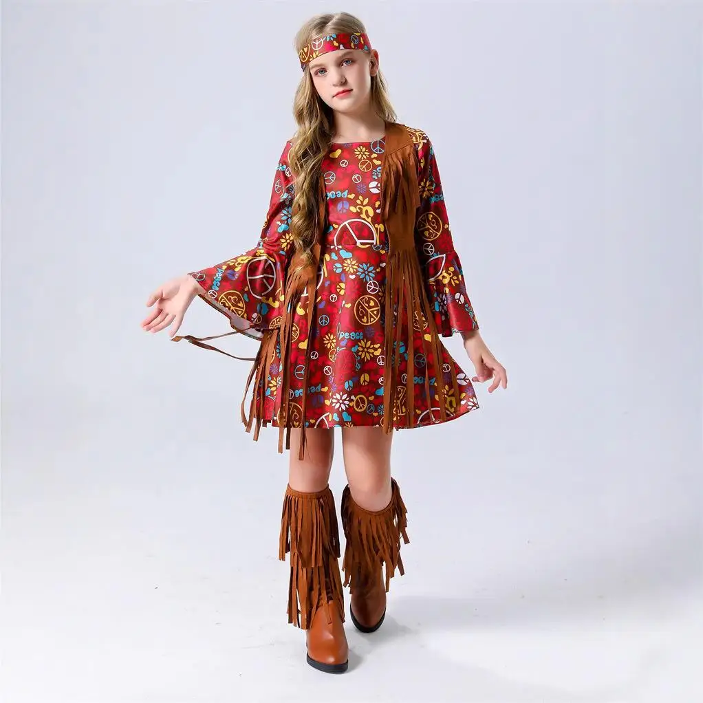 ハロウィン 7080年代 ヒップホップ レトロ 子供用 コスプレ インディアン ロールプレイング 仮装パーティー ドレスアップ服 メイクアップ付き