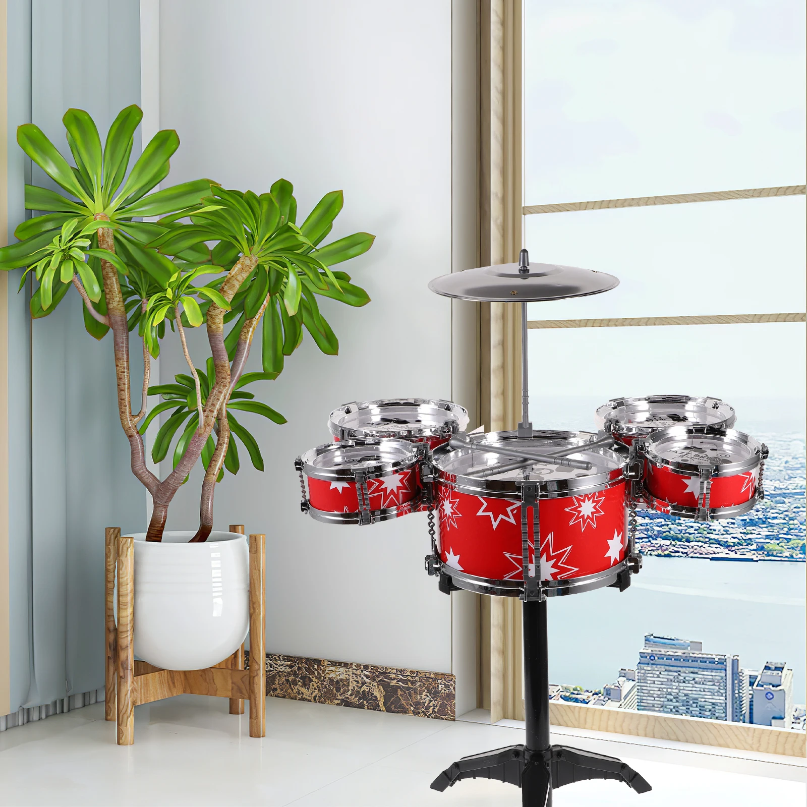 Tamburo jazz con sedia Strumenti musicali Set regalo educativo Bambini Ragazzi Ragazze Tamburi di colore rosso Set di batteria per bambini