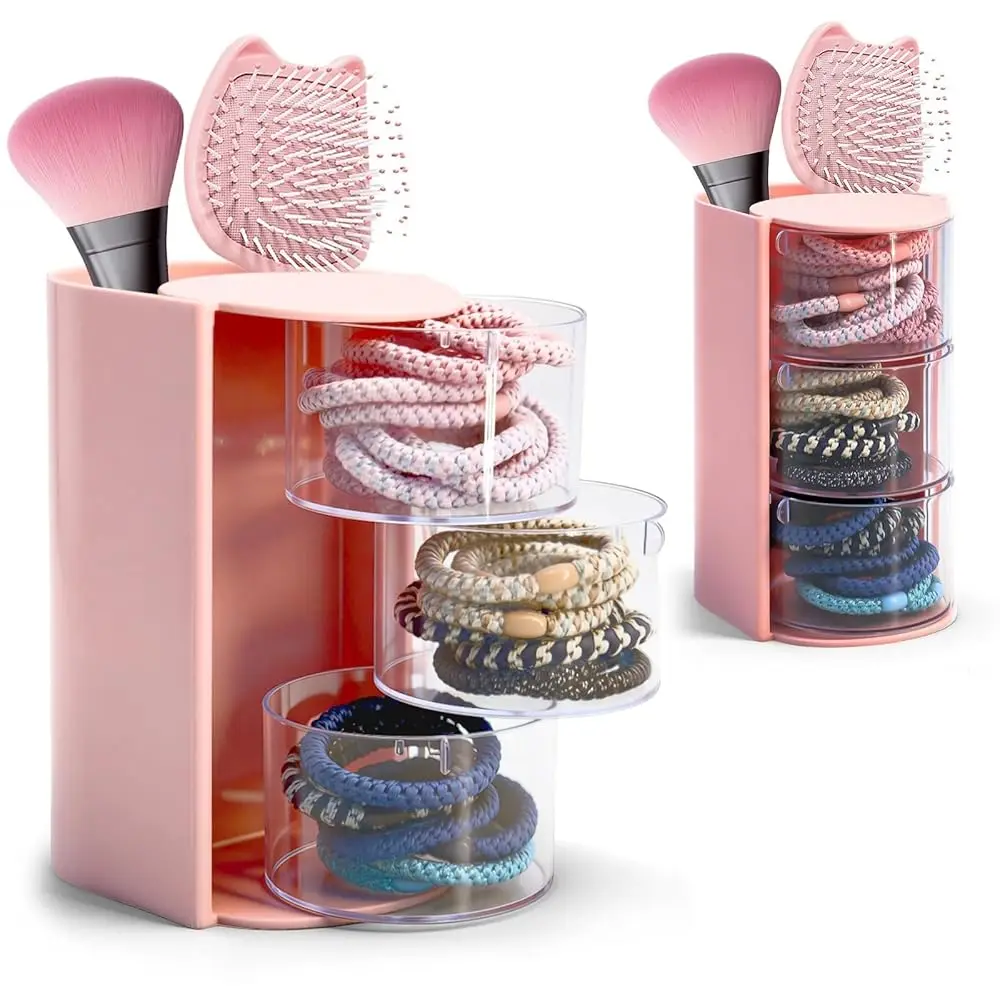

Набор из 2 органайзеров для аксессуаров для волос с держателем для расчесок, 3-уровневый вращающийся органайзер для кистей для макияжа, органайзер для резинок и заколок для волос