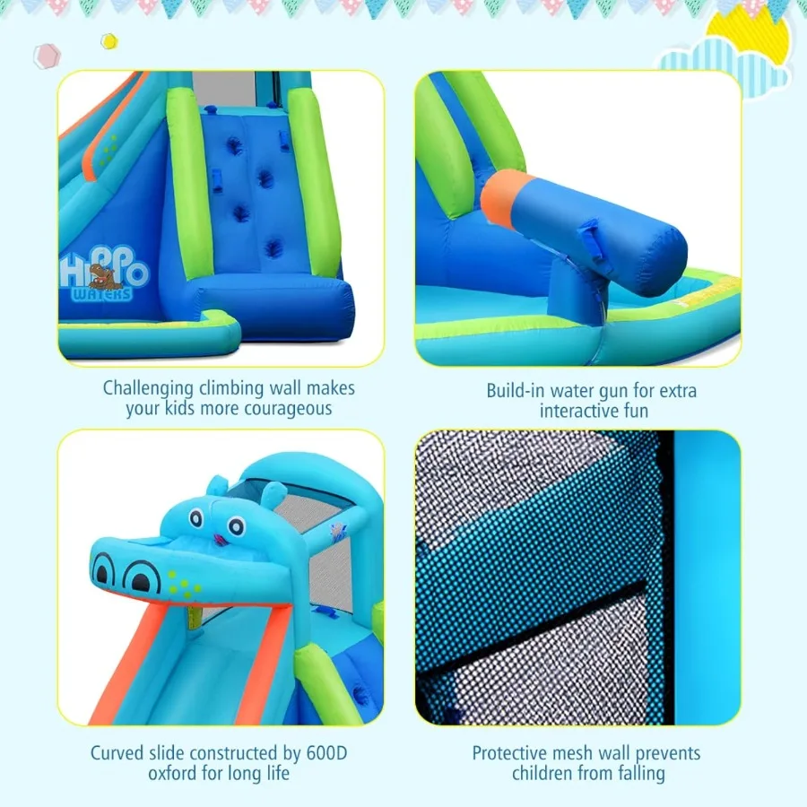 Opblaasbare waterglijbaan, Hippo Water Slide Park Jump Castle Bounce House met lange glijbaan, klimmen, waterkanon, splashpool, achterkant