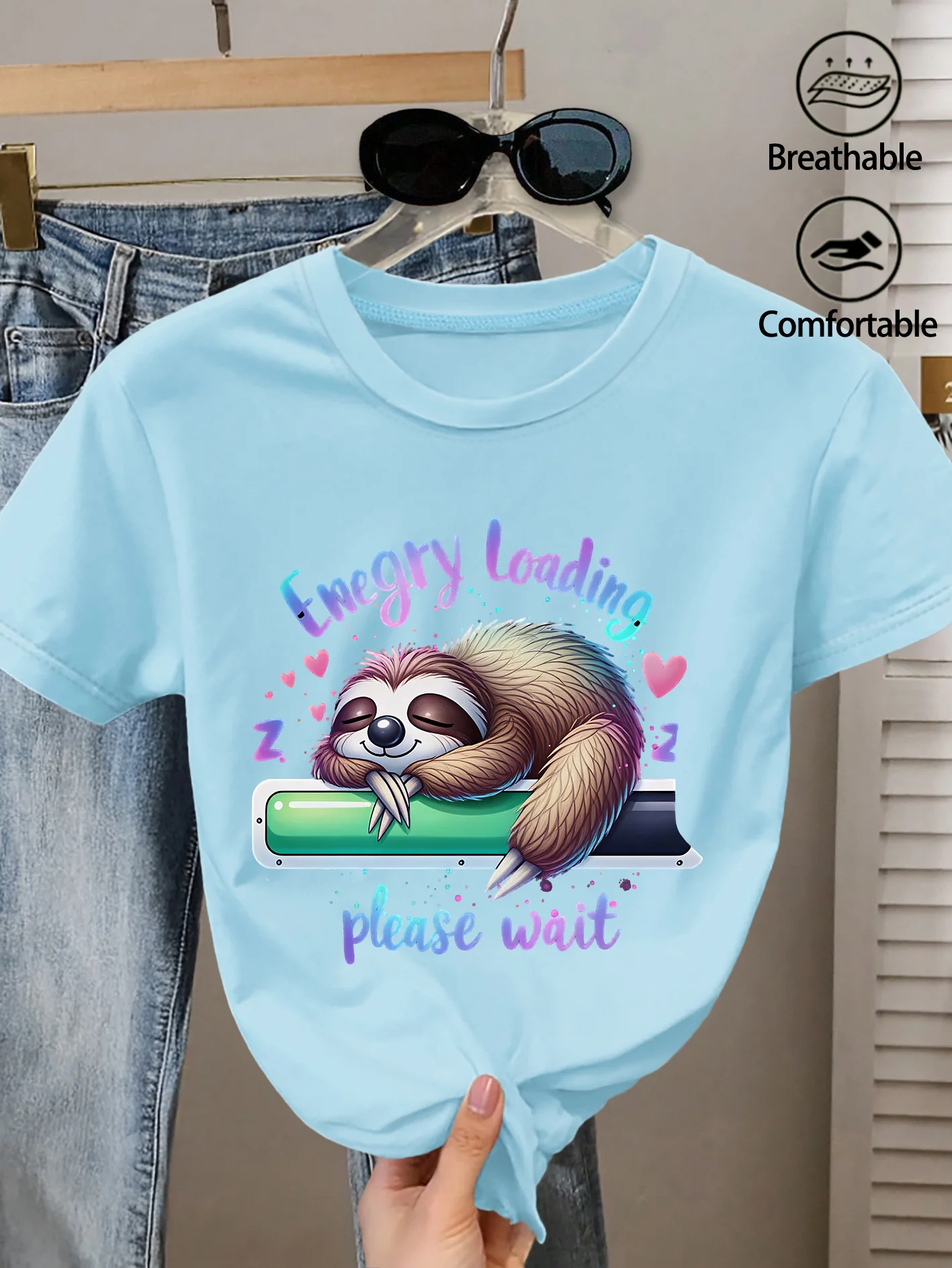 2026 Spring/Summer New Women's Round Neck Sloth Energy Loading Printed Short T-shirt Casual Top Daily Commuting Age Reducing Top