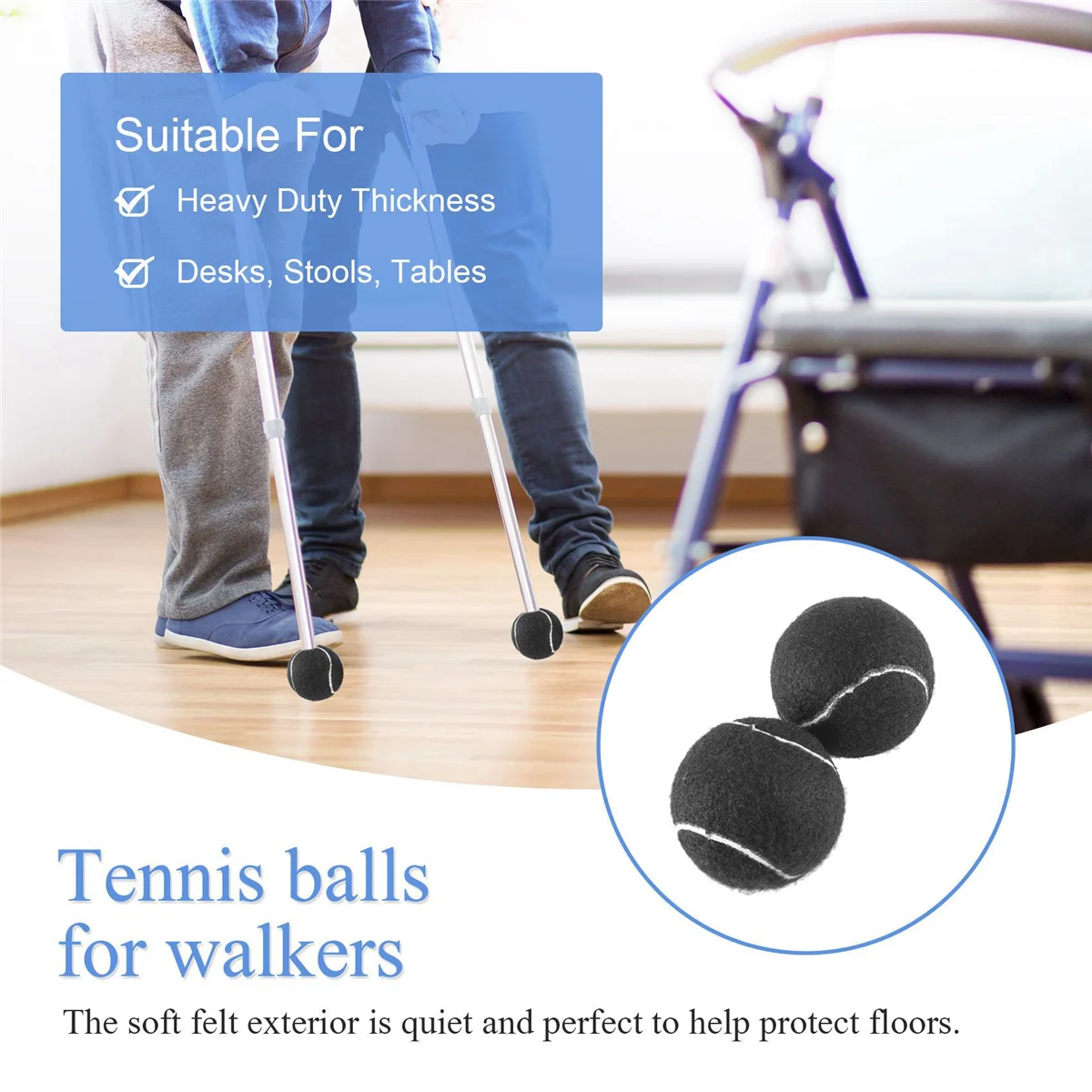 2 PCS Precut Walker Tennis Ball for Furniture Legs and Floor Protection, Heavy Duty Long Lasting Felt Pad Covering,Black