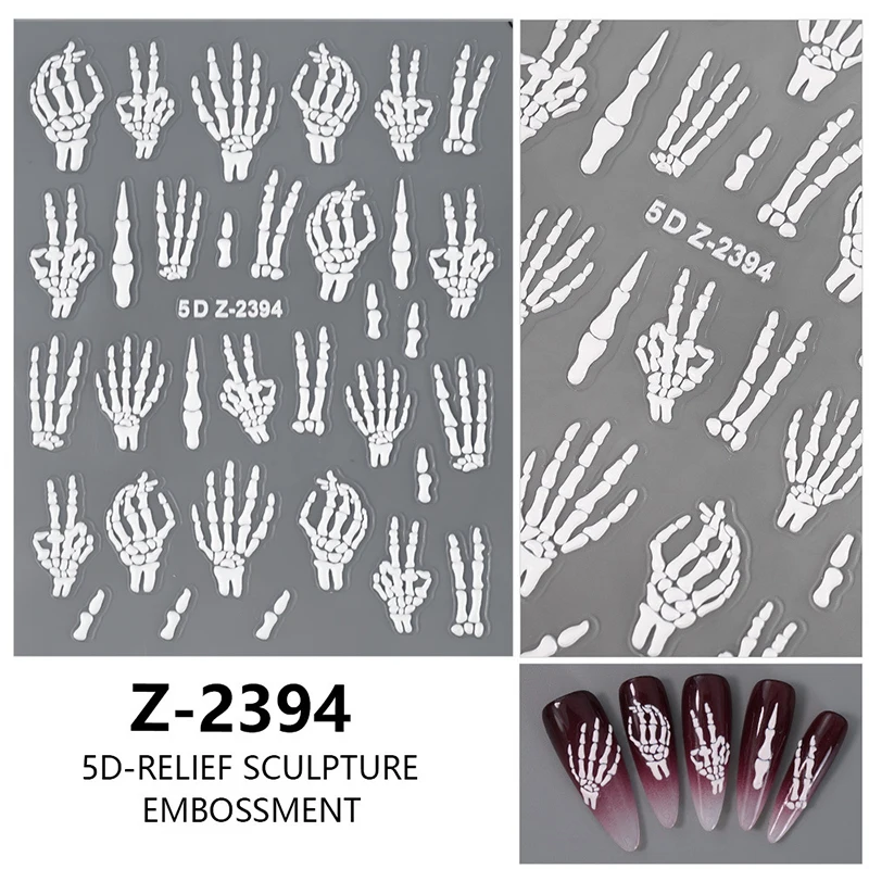 5D Relief Skeleton Hand Halloween Nail Art Stickers Slider Decal DIY Manicure Decoration Tips Nail Accessories Tools