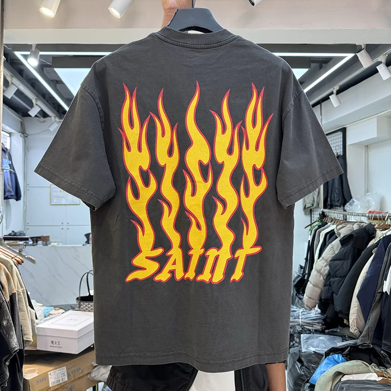 Oversize 2025ss Washed Soul on Fire Yellow Letter SAINT T-shirt Men Women Best Quality Top Cotton Tees