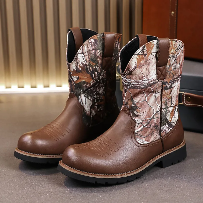 British Style Western Boots Men Retro Brown Leather Slip-on Cowboy Boots Man Fashion Print High Top Men's Boots bota masculina