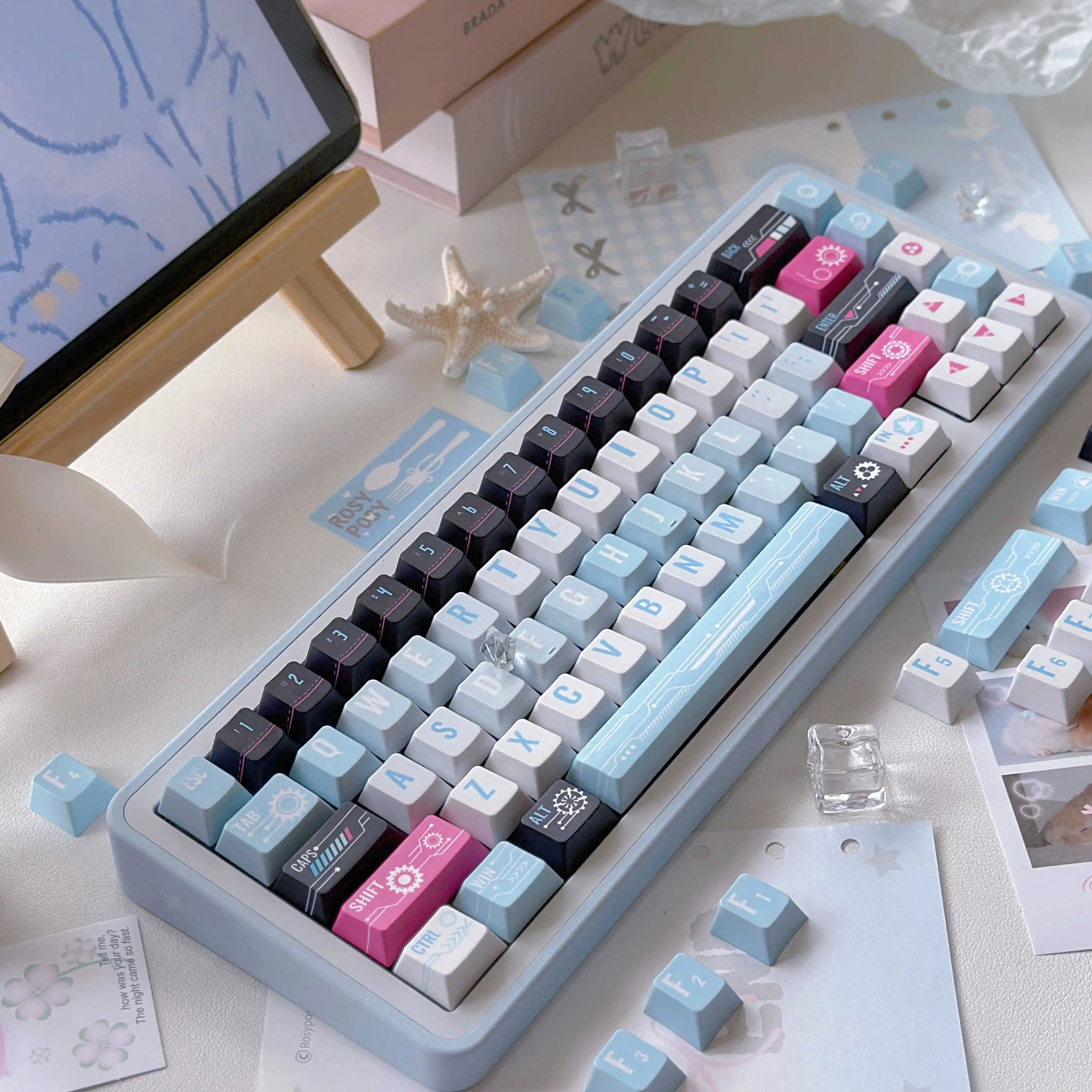 

141 Keys Light Gear Keycap Cherry Height PBT Five-sided Heat Sublimation Mechanical Keyboard Caps Blue White Small Fresh Keycaps