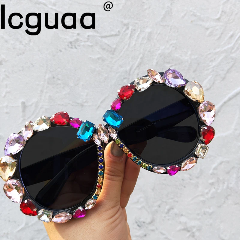 ICGUAA Women's Men's Fashion Diamond Shiny Sunglasses  Big Round Steampunk Brand Designer Square Sun Glasses Shades Female UV400