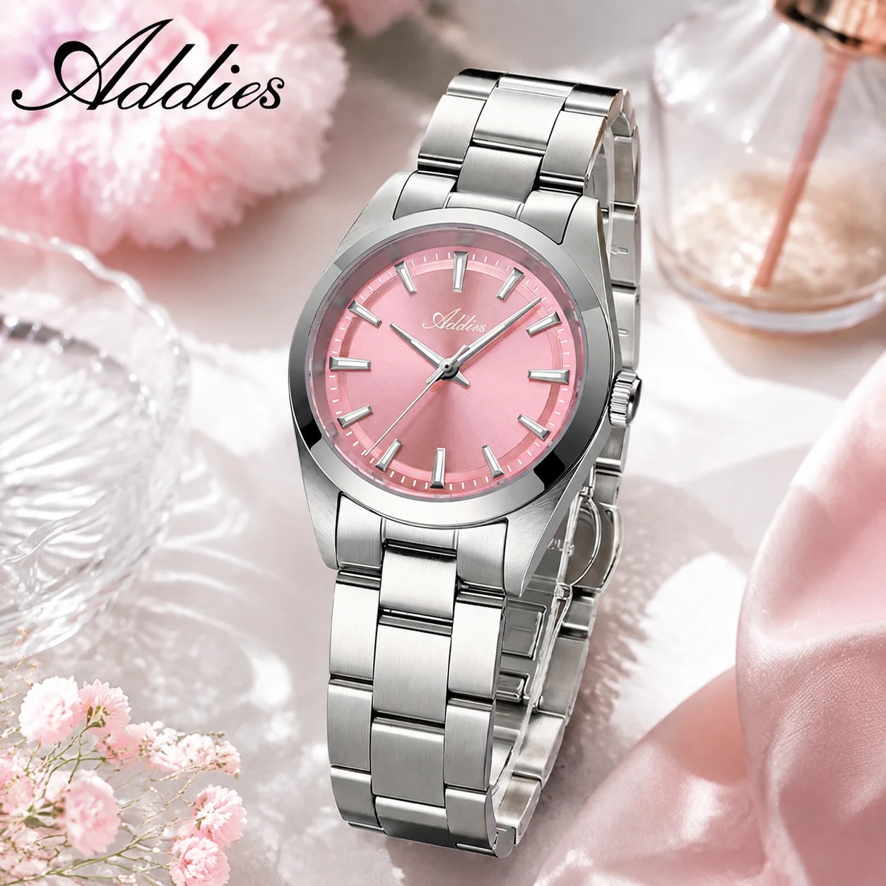 ADDIES Elegant Women's Quartz Watch 50M Waterproof Sapphire Glass Wristwatch 31MM Push Button Hidden Clasp Stainless Steel Watch