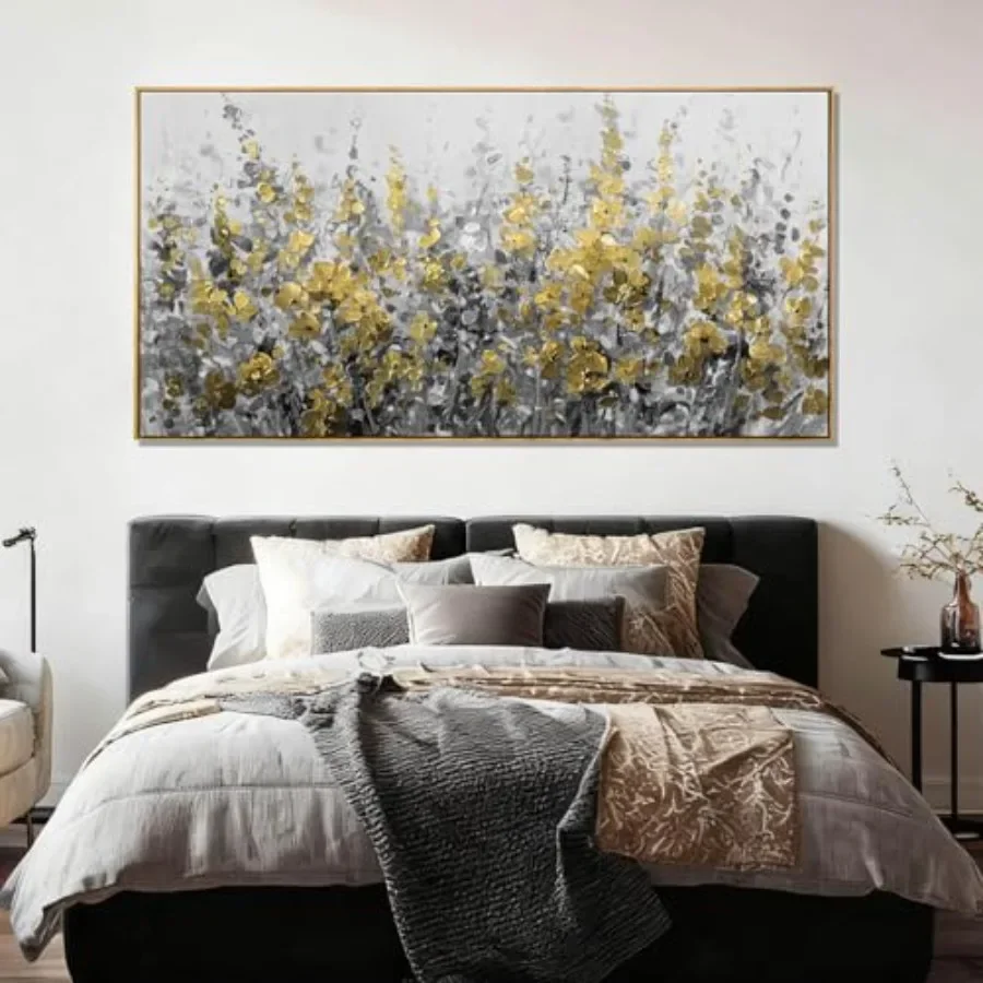 Living room bedroom office decor: gold and grey abstract flower canvas wall art, textured floral painting, 24x48 inch, modern d view 4