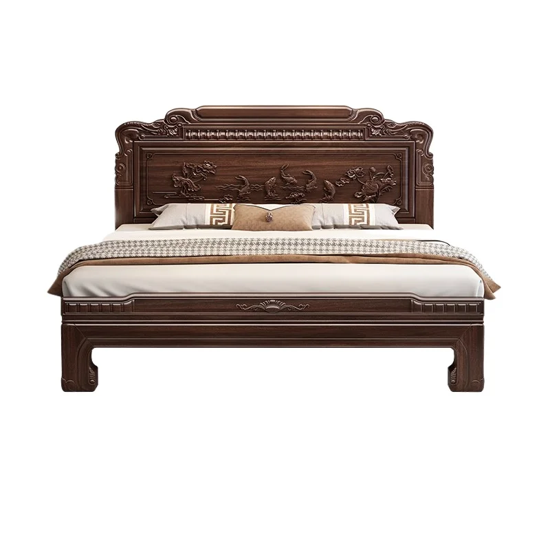 

Кровать из массива черного дерева, двуспальная главная кровать с высоким ящиком и резной отделкой