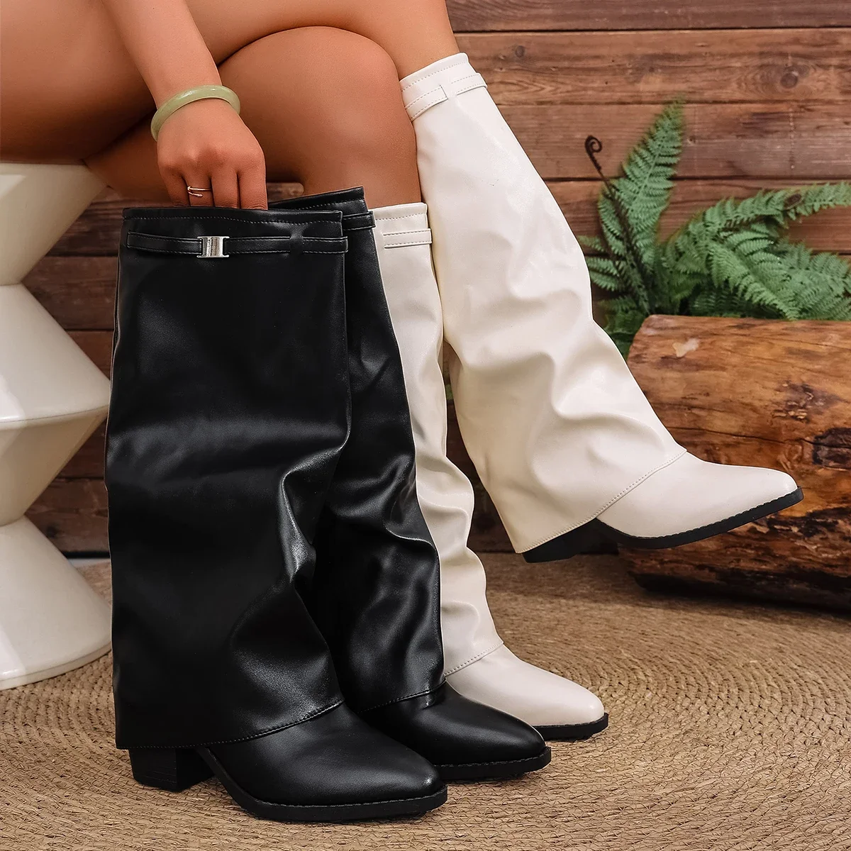 

2026 Women's Fashion Folding Knee Length Boots Thick Soled High Heel Boots Women's Wide Legs PU Leather Long Style Botas Women