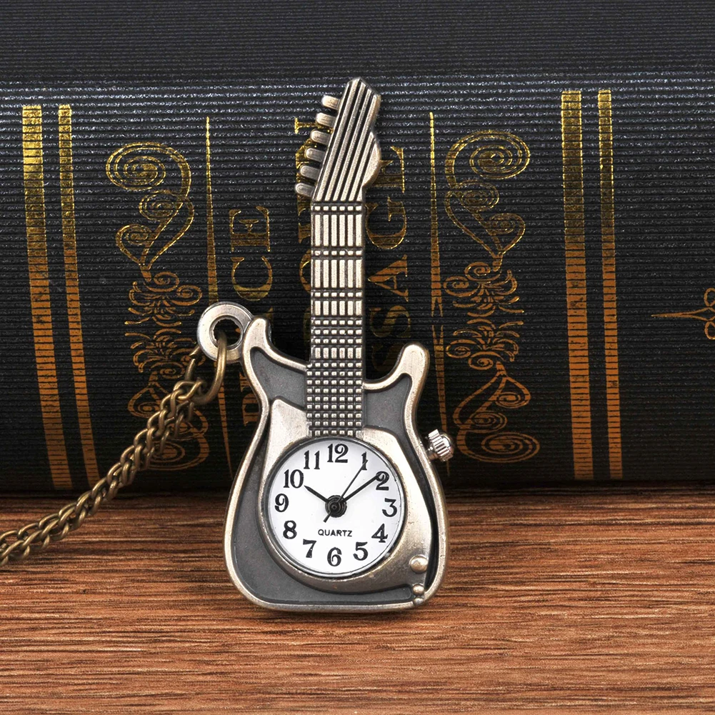 Guitar Shape Pocket Watches Small Lovely Guitar Pocket Watches Stylish Necklace Pendant Clock Chain Gift For Children's Day