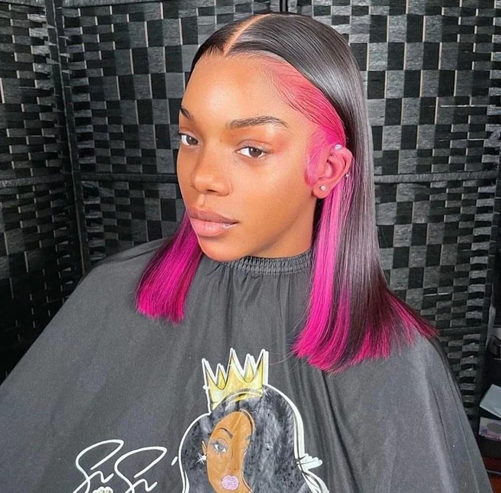 FANXITION Black/Pink Highlight Straight Short Bob Synthetic Lace Front Wigs for Women Shoulder Length Lace Front Heat Fiber Hair