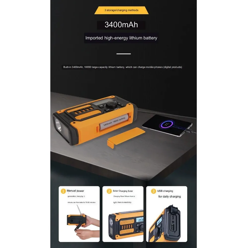 2000mAh الشمسية راديو الطوارئ كرنك اليد AM FM NOAA المحمولة الطقس راديو مصباح ليد جيب شاحن الهاتف SOS خارج الراديو