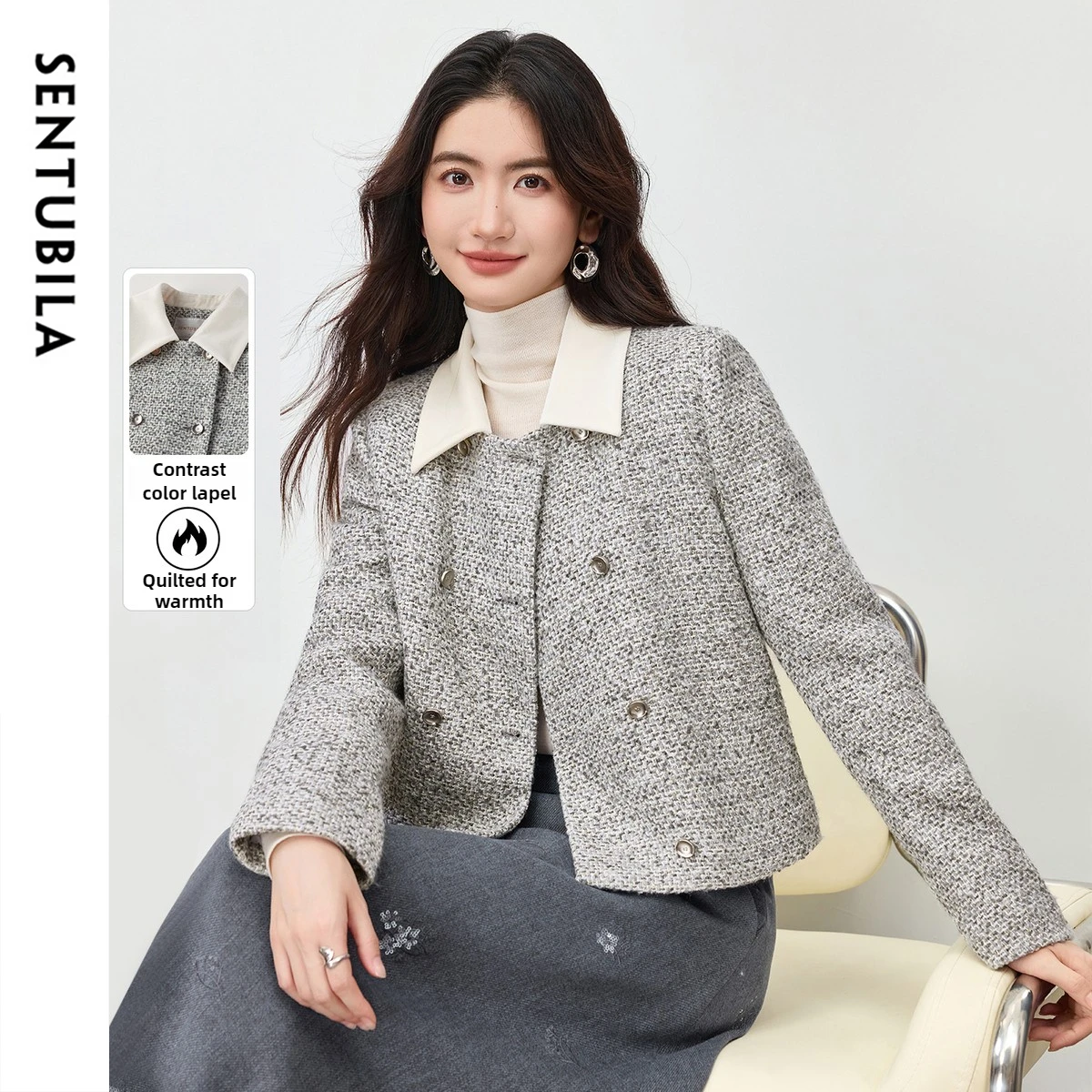 

SENTUBILA женская твидовая короткая куртка, осень 202, двубортное пальто с контрастными лацканами и металлической пряжкой, элегантный пригородный топ 154WA3750