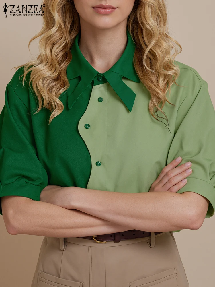 

Women Tops ZANZEA 2025 Fashion Short Sleeve Shirts Color Patchwork Tunic Summer Buttons Lapel Neck Casual Blouse Korean Clothing