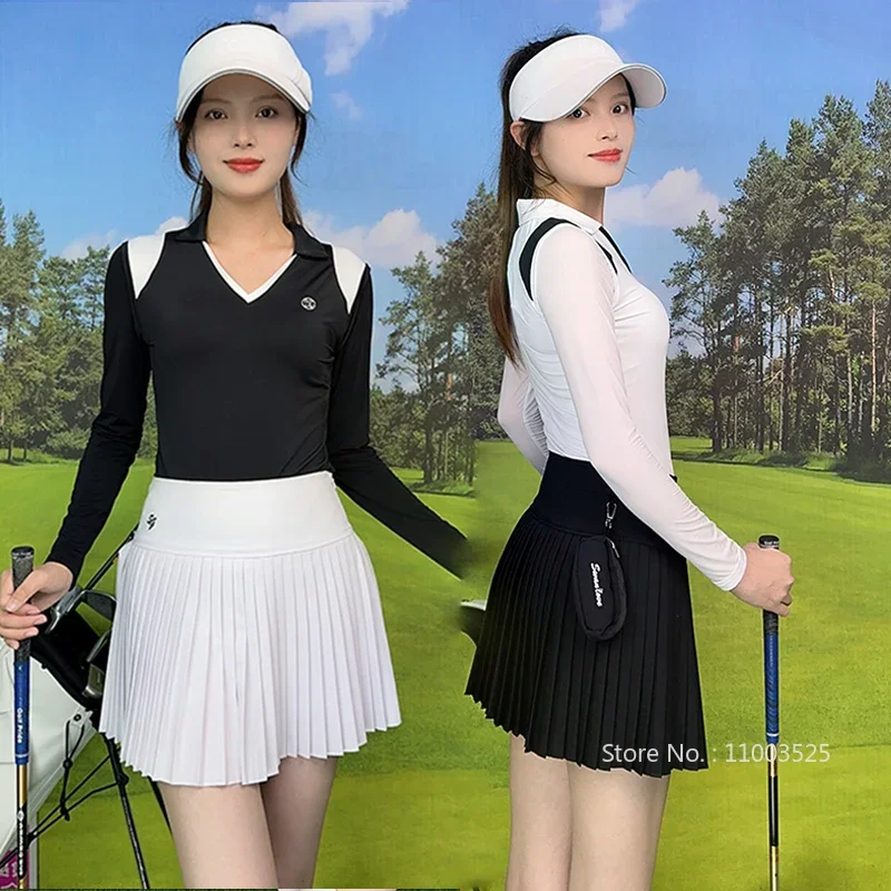 SG Golf Long Sleeve Sunscreen Tops Women Ice Silk Tennis Sports Shirt Jersey Ladies Pleated Skort Golf Skirt Suit With Small Bag