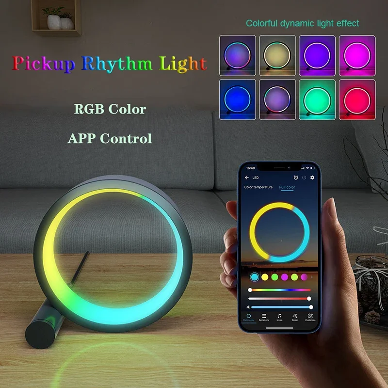 Smart WiFi RGB Music Rhythm Ambient Light LED Ring Night Light App Remote Desk Lamp Dimmable Indoor Decorative Light Holiday Gif