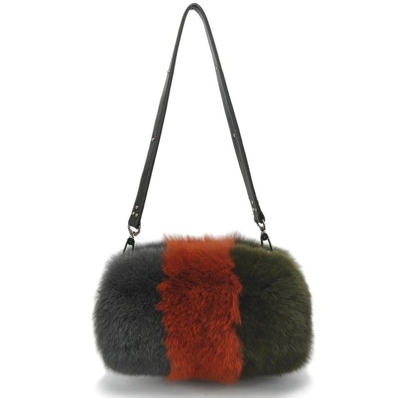 Winter New Women's Fur Shoulder Bag Luxury Fox Fur Bucket Crossbody Bag Zipper Close Large Capacity Handbag