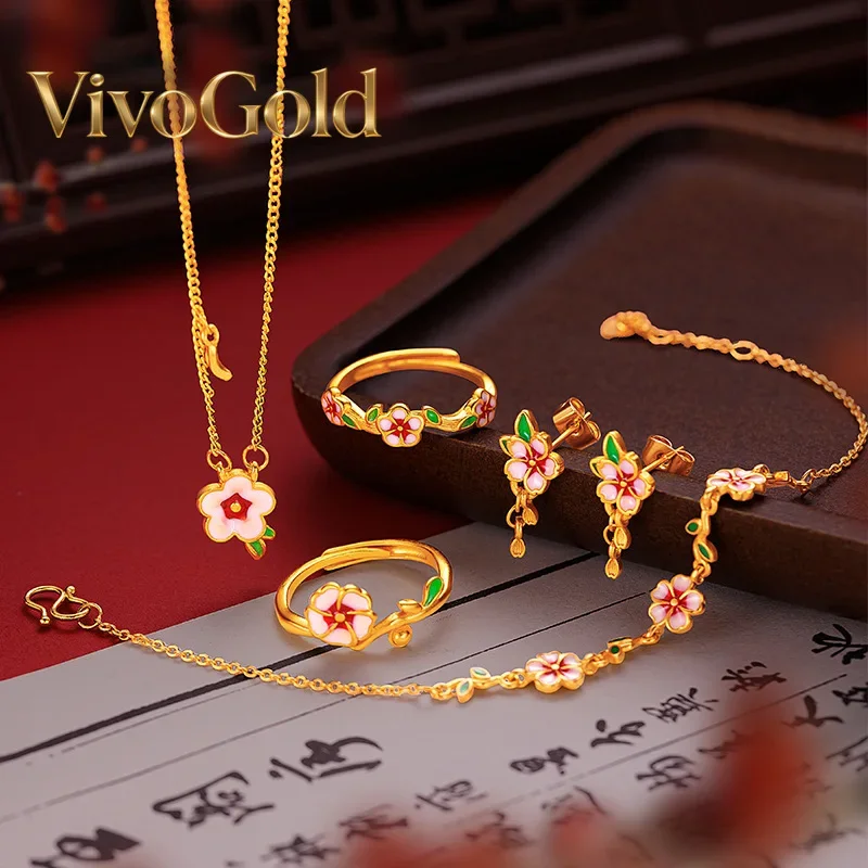

VivoGold9999 24K Натуральное золото, новый китайский стиль, старинный стиль, эмалевое украшение с маленьким персиком, синий персиковый цветок, ожерелье и браслет