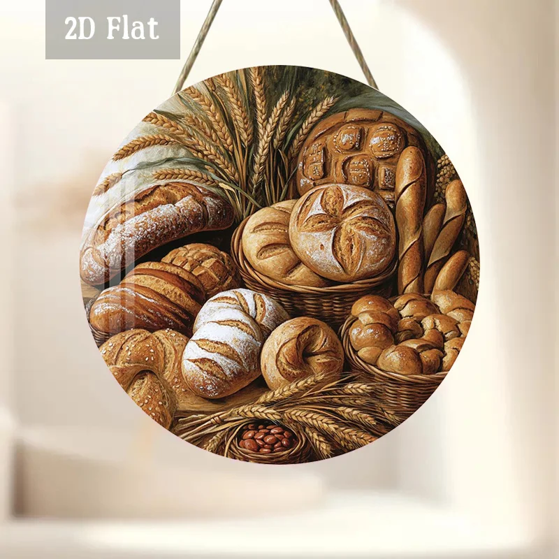 2D Flat - 1pc Wooden Panel Art Featuring Various Types of Bread, Including Wheat Stalks. This Round Wooden Decoration Showcases