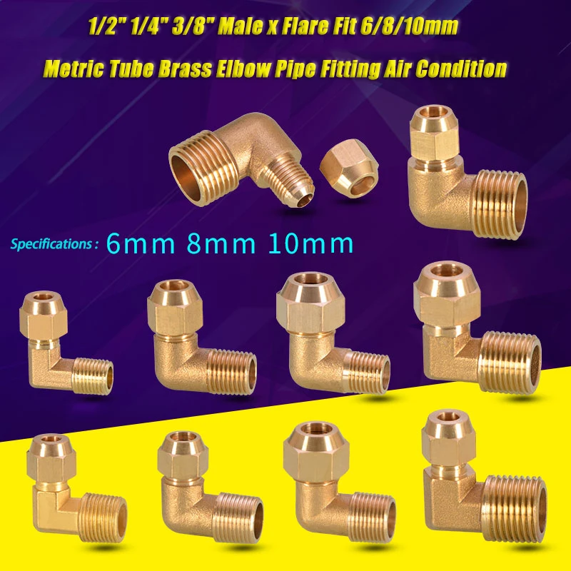 

1-50pcs/lot 1/2" 1/4" 3/8" Male x Flare Fit 6/8/10mm Metric Tube Brass 90 Degree Elbow Pipe Fitting Air Condition