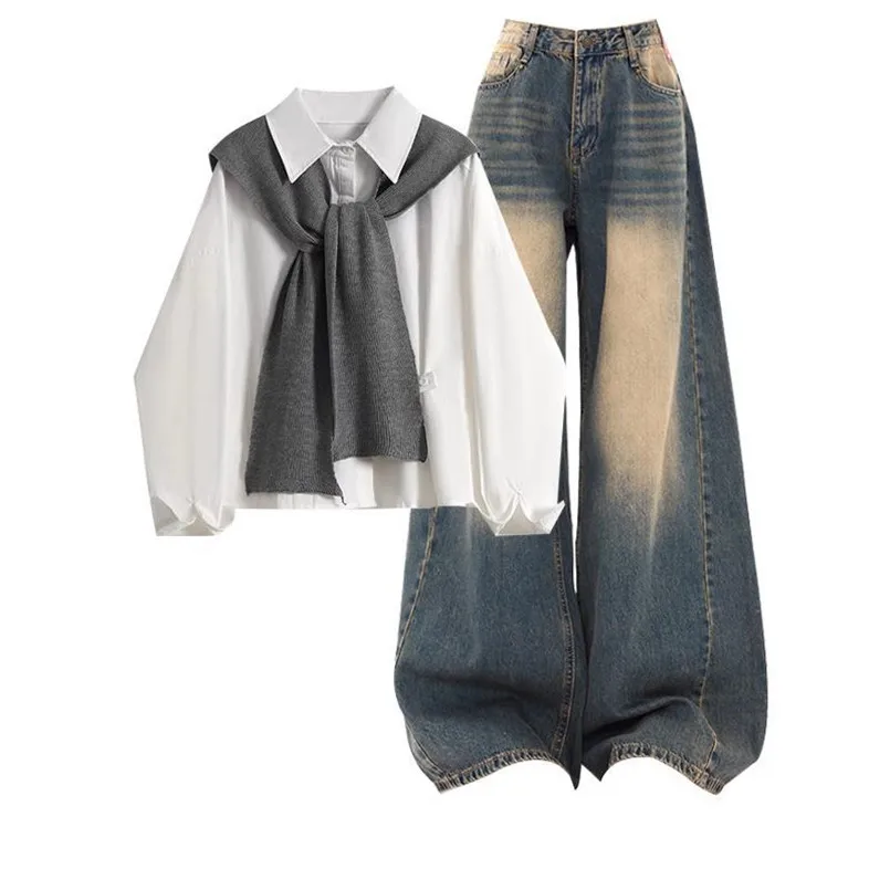

Fashion Women's Set Spring and Autumn New Korean Shirt Top Women's Match Shawl Slimming Jeans 3-piece Set